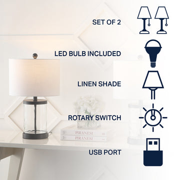 Alexander 21" Modern Designer Iron/Water Glass LED Table Lamp with USB Charging Port - JONATHAN Y